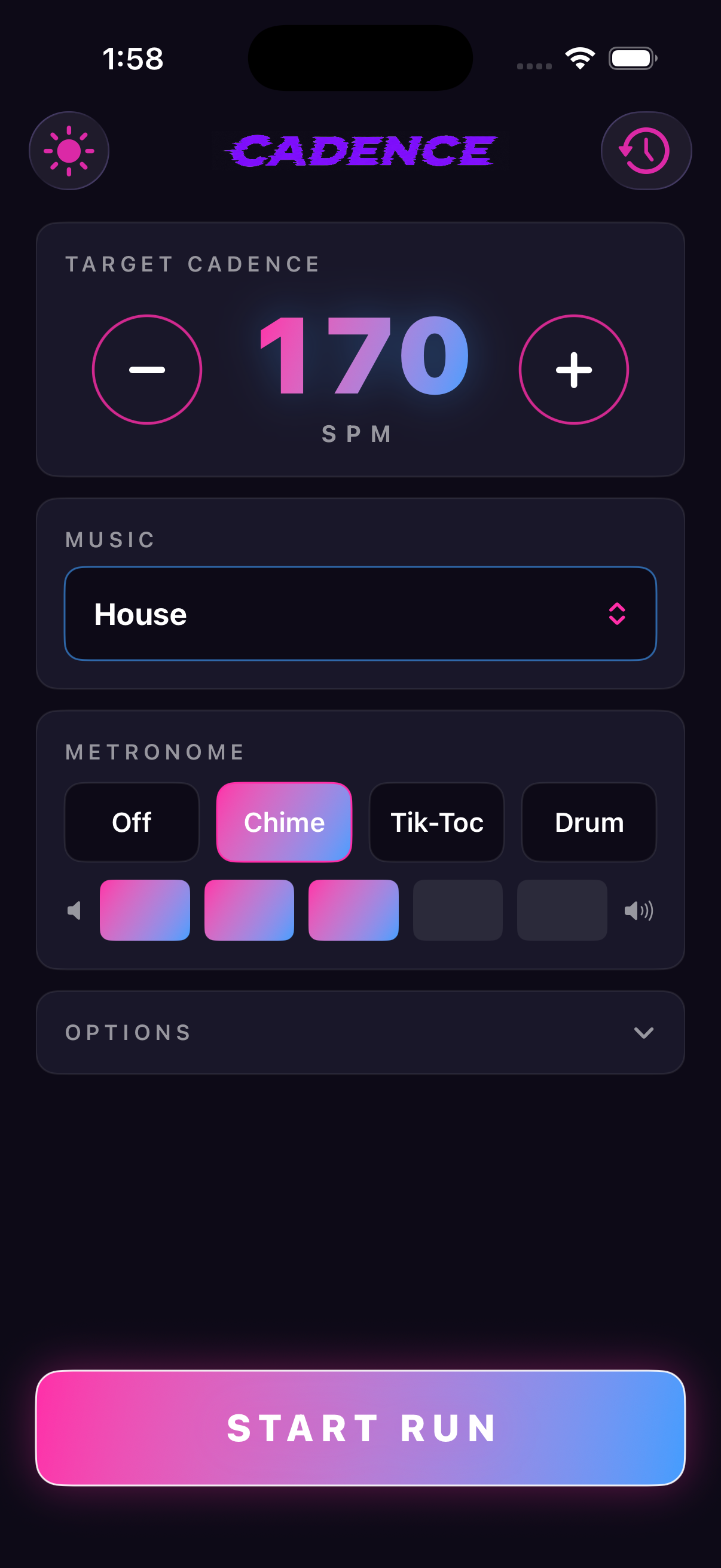 Cadence home screen: a 170 SPM target cadence selector, House music, and metronome controls